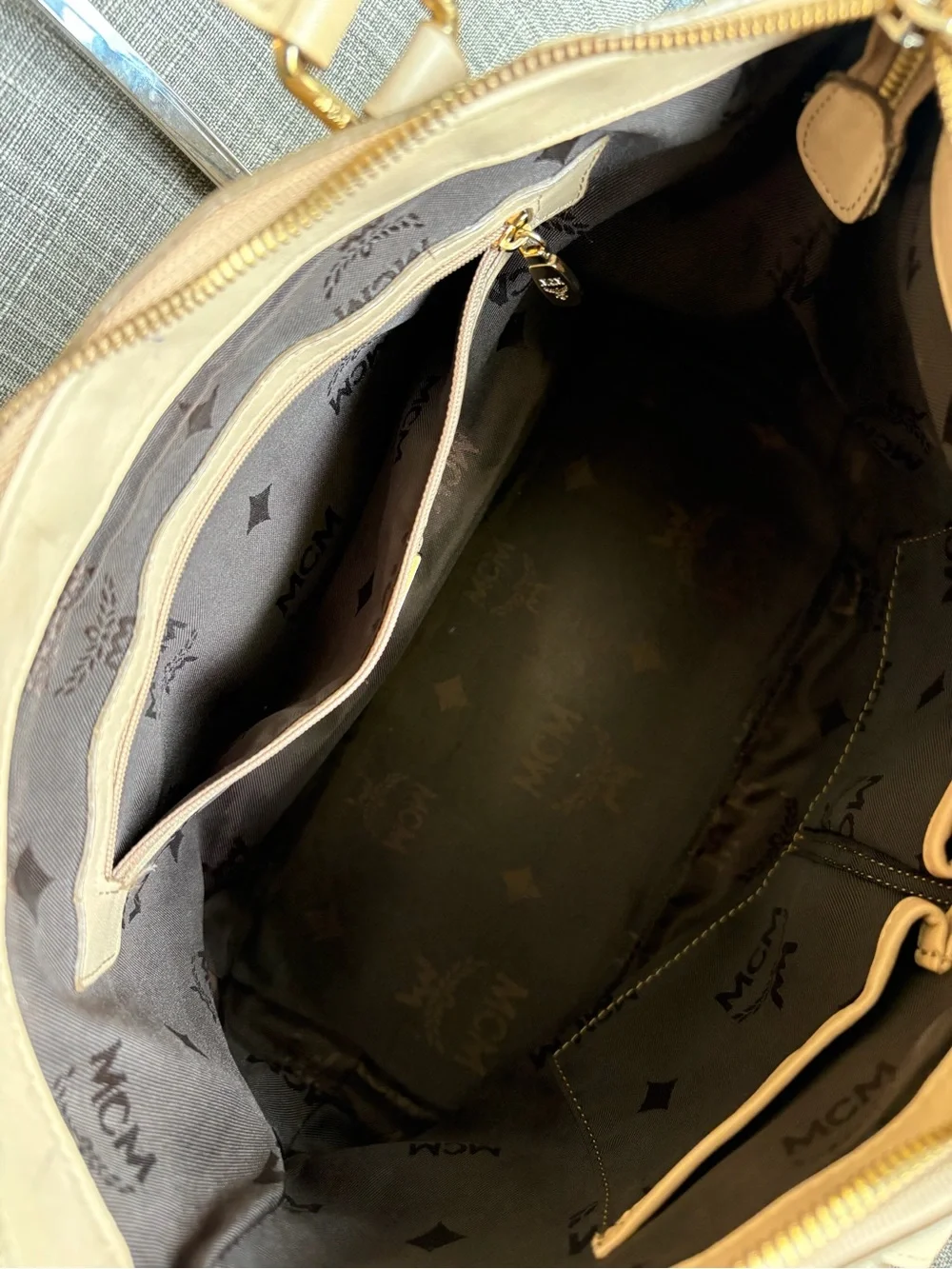 MCM Beige Logo Tote Bag - Classic Printed Leather